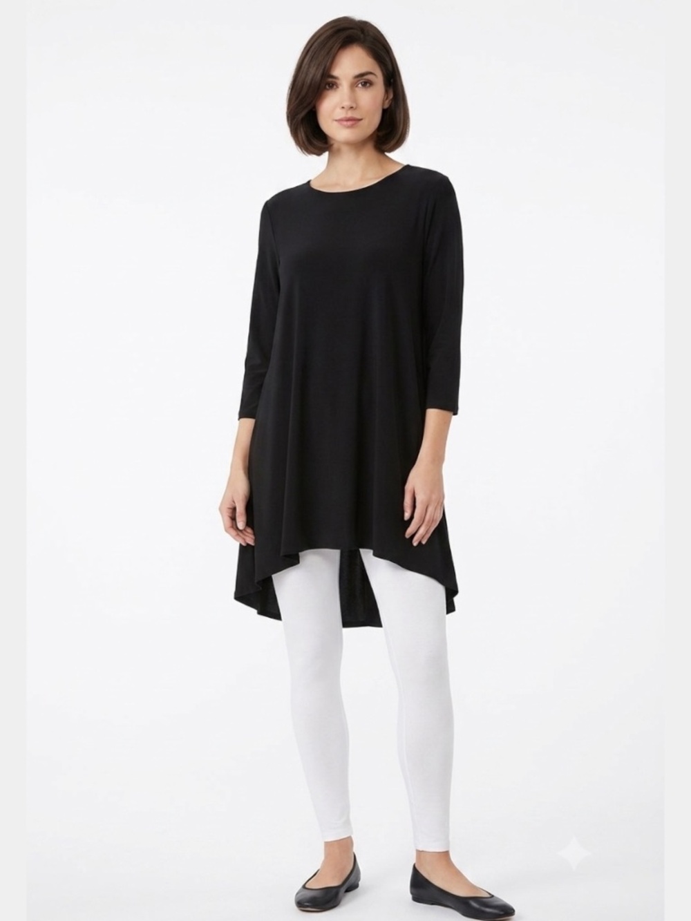 SYMPLI Black Jersey Knit Tunic Top 3/4 Sleeves Hi Lo Hem Scoop Neck Sz 14